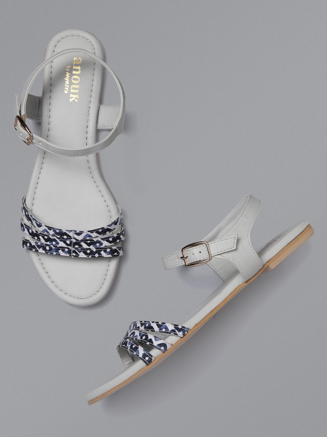 

Anouk Women Grey & Navy Printed Open Toe Flats