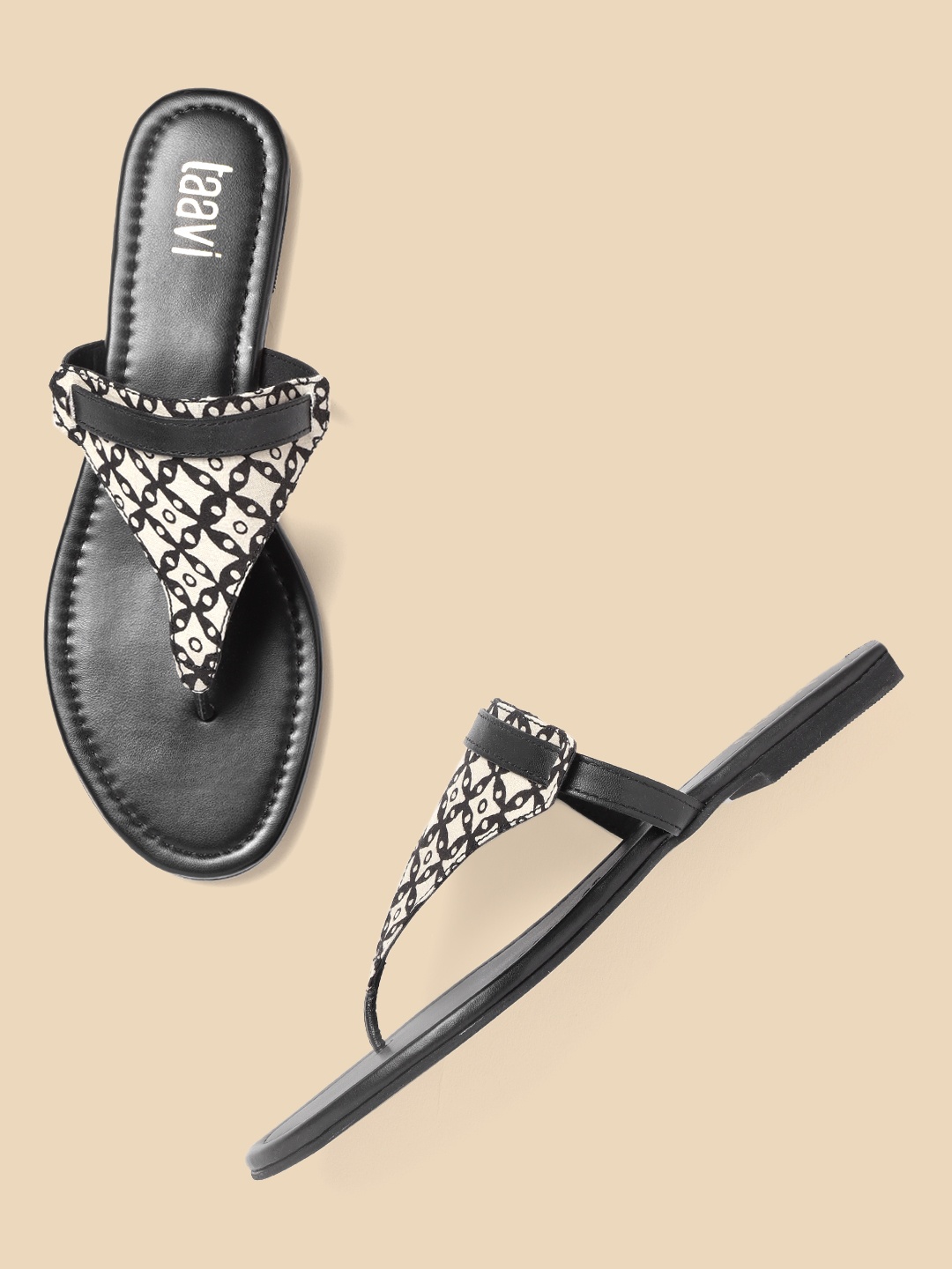 

Taavi Women Off-White & Black Bagru Print T-Strap Open Toe Sustainable Flats