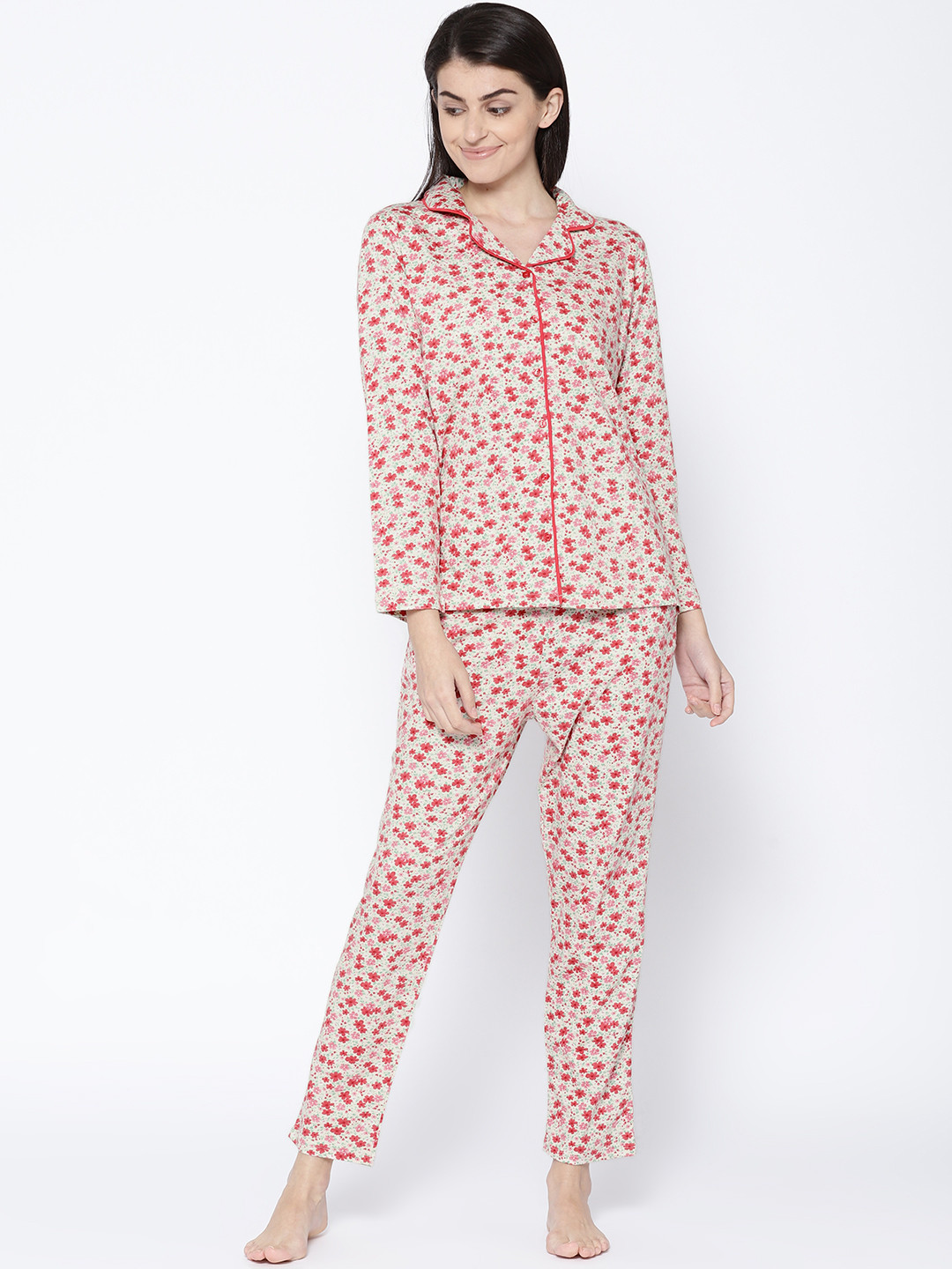

Kanvin Women Cream-Coloured & Pink Printed Night Suit