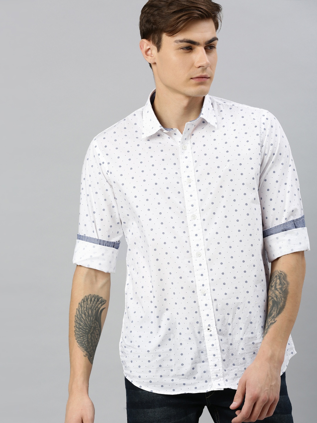 

Nautica Men White & Blue Slim Fit Printed Casual Shirt
