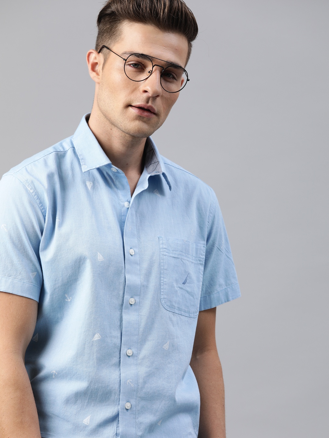 

Nautica Men Blue Classic Regular Fit Printed Casual Shirt