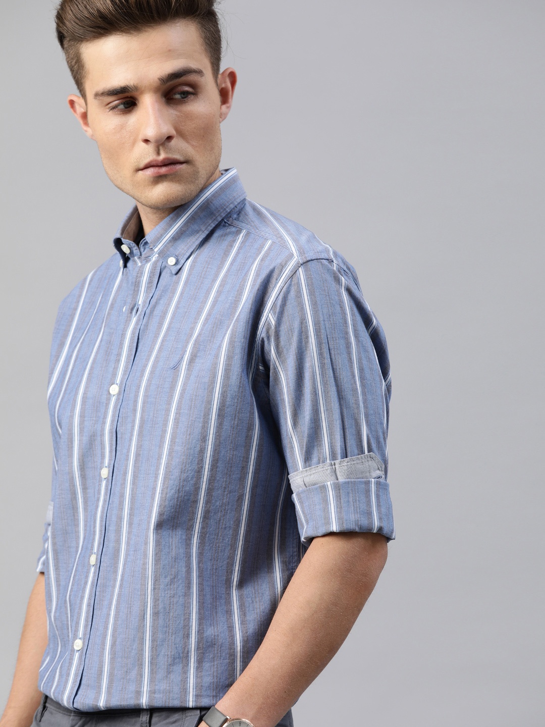 

Nautica Men Blue & White Classic Regular Fit Striped Casual Shirt