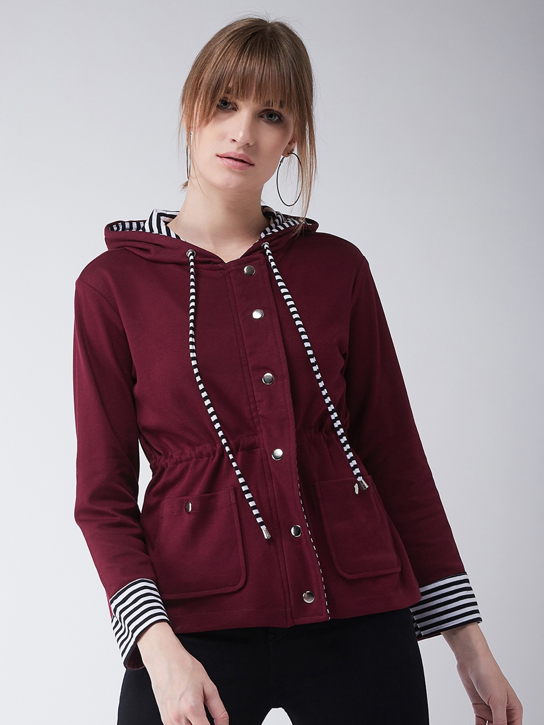 

Miss Chase Women Maroon Striped Padded Jacket