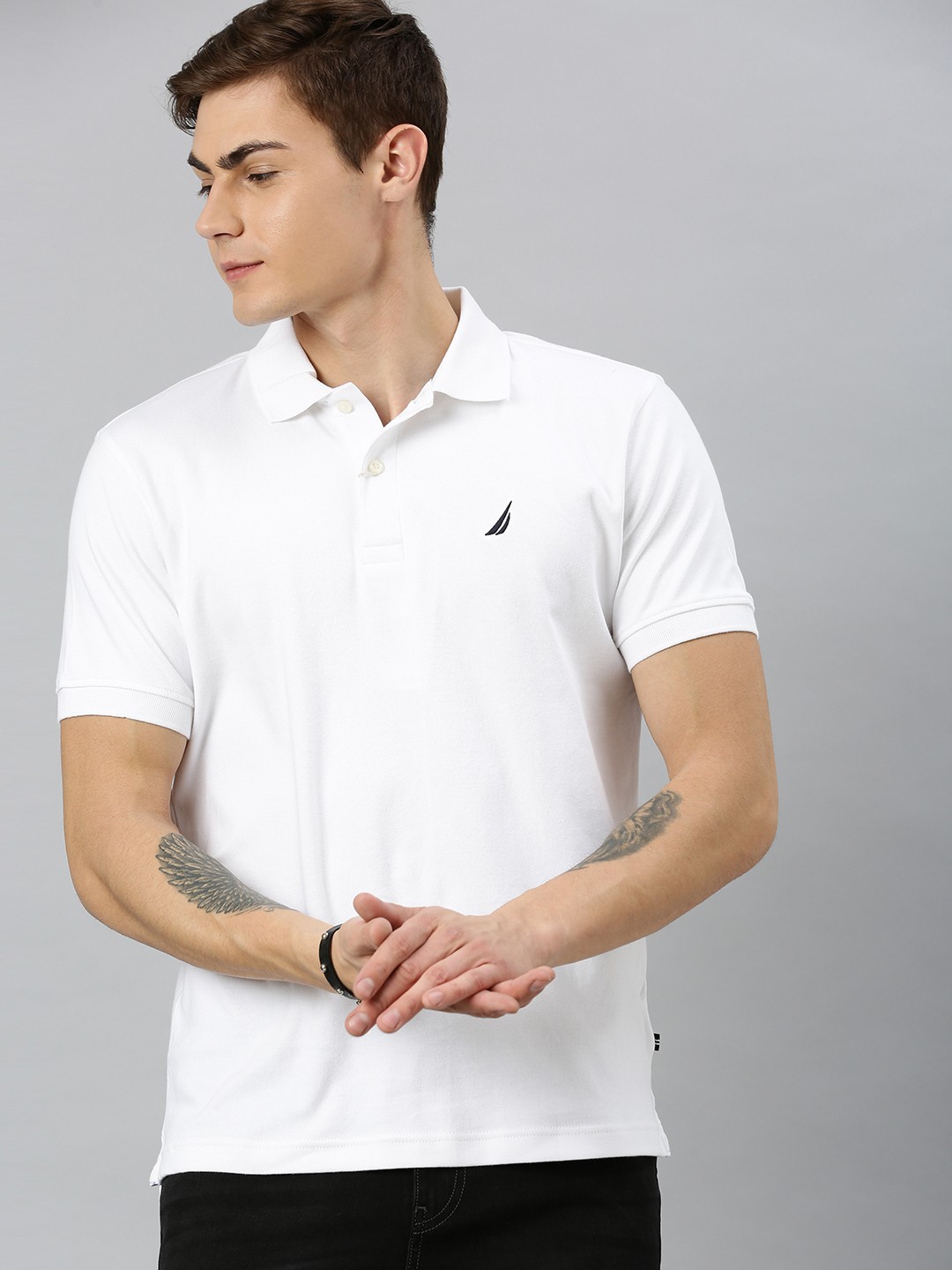 

Nautica Men White Solid Blue Sail Polo Collar Pure Cotton T-shirt