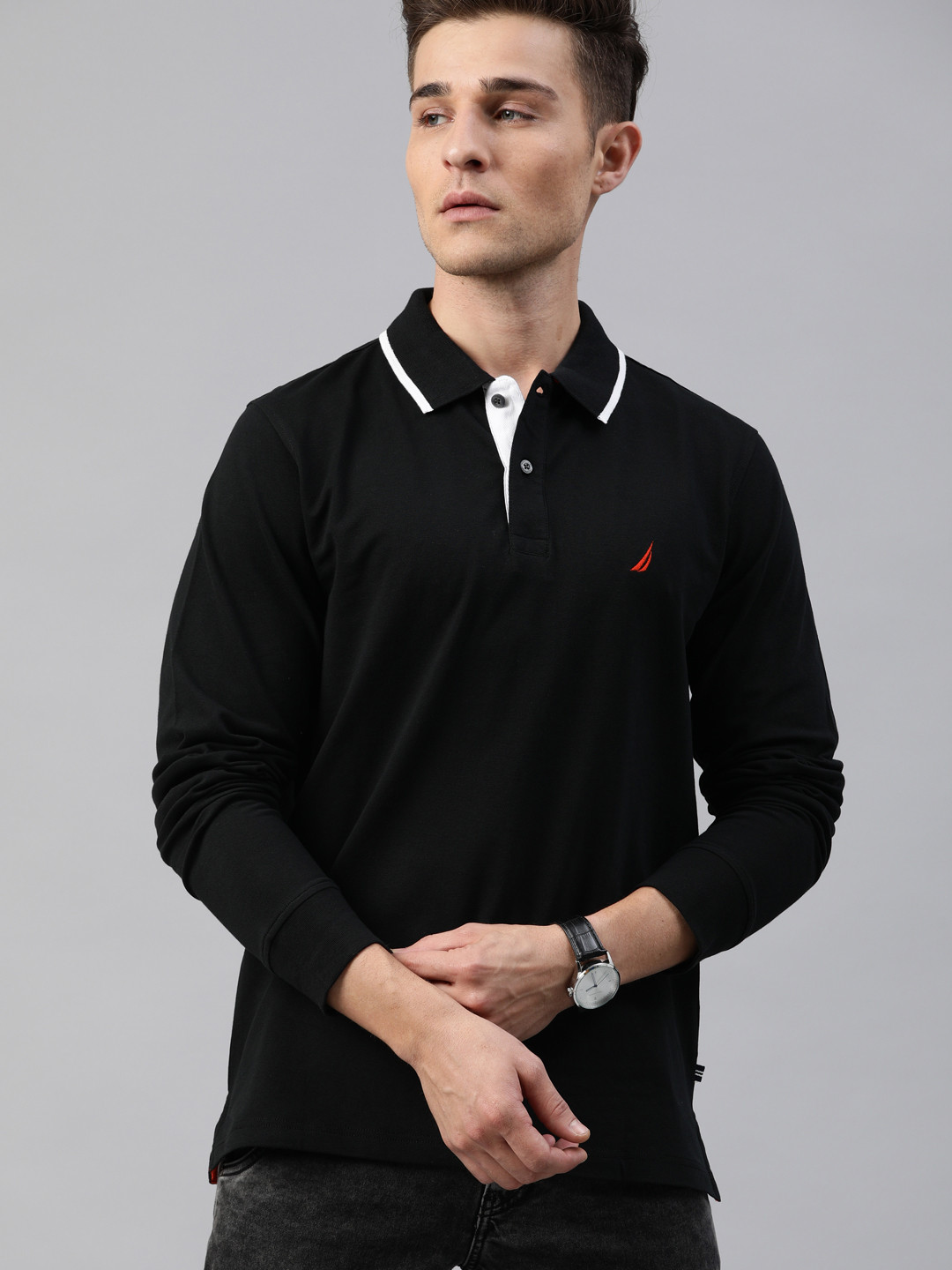 

Nautica Men Black Solid Polo Collar T-shirt
