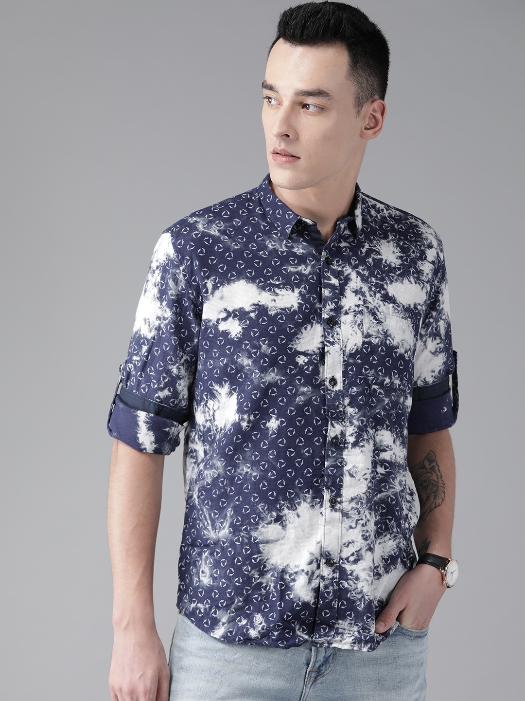 

DENNISON Men Navy Blue & Off-White Slim Fit Printed Casual Shirt