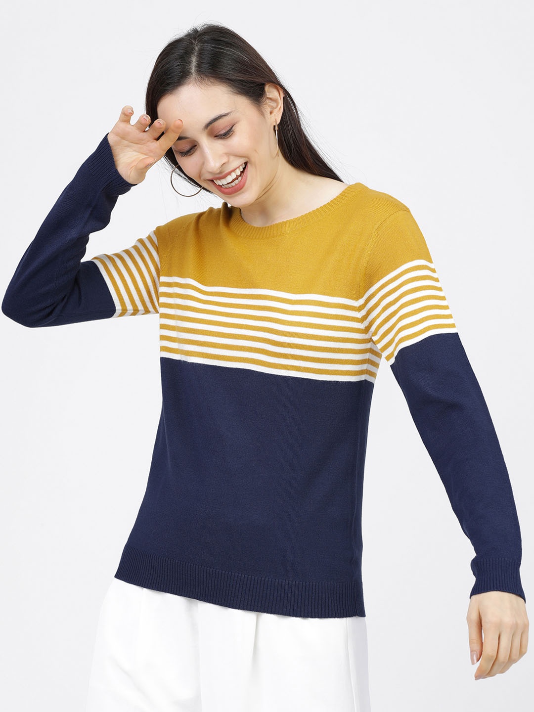 

Tokyo Talkies Women Mustard & Navy Blue Colourblocked Sweater