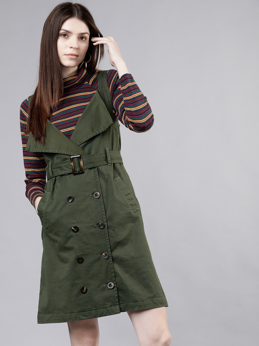 

Tokyo Talkies Women Green Solid Pinafore Dress