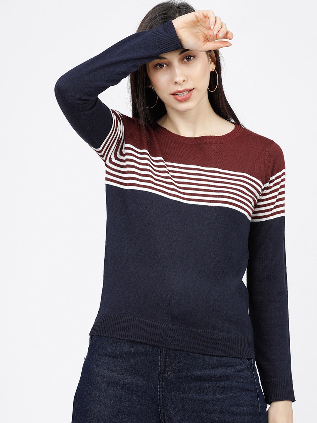 

Tokyo Talkies Women Maroon & Navy Blue Colourblocked Sweater