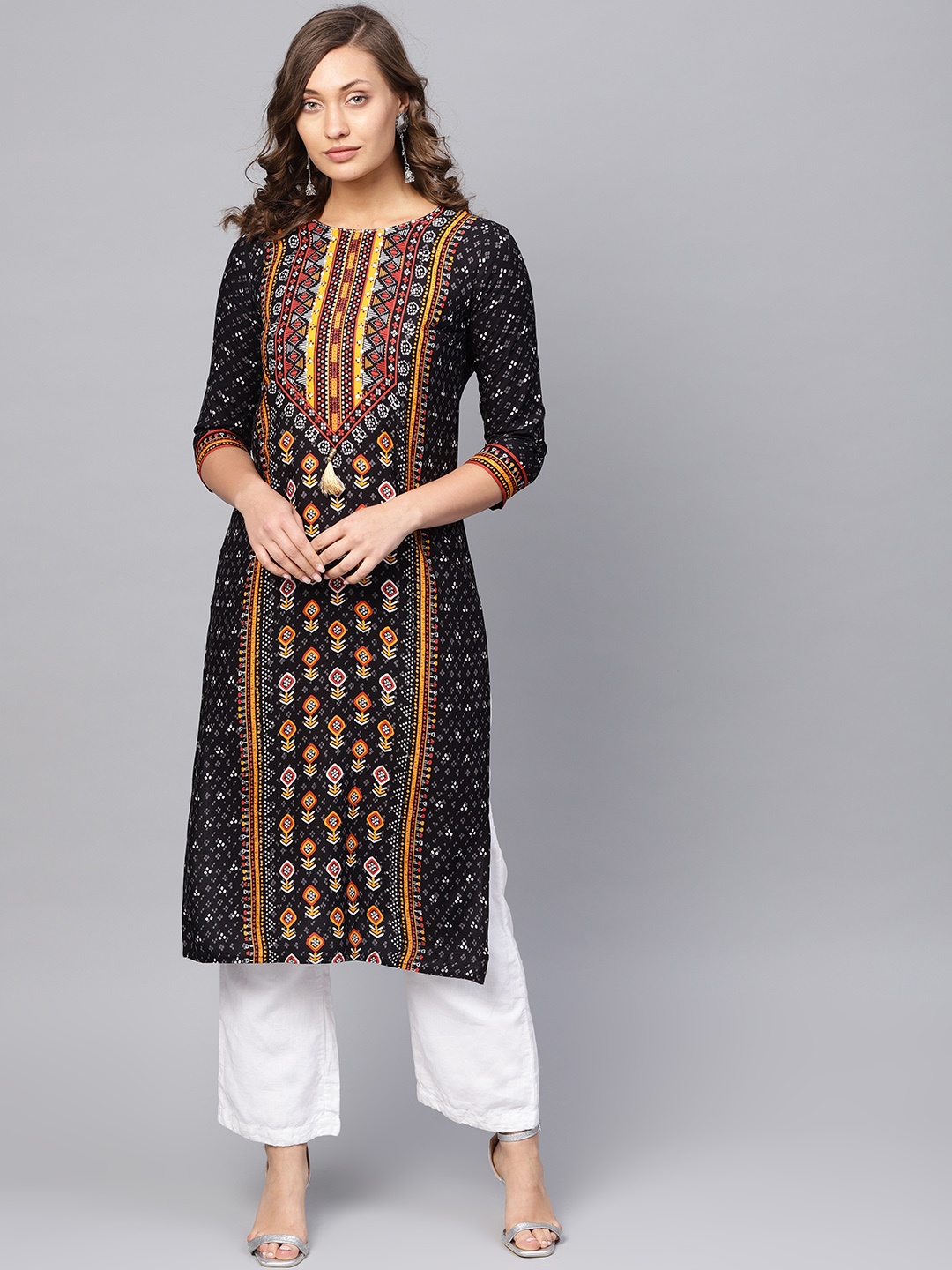 

Anubhutee Women Black & Orange Printed Straight Kurta