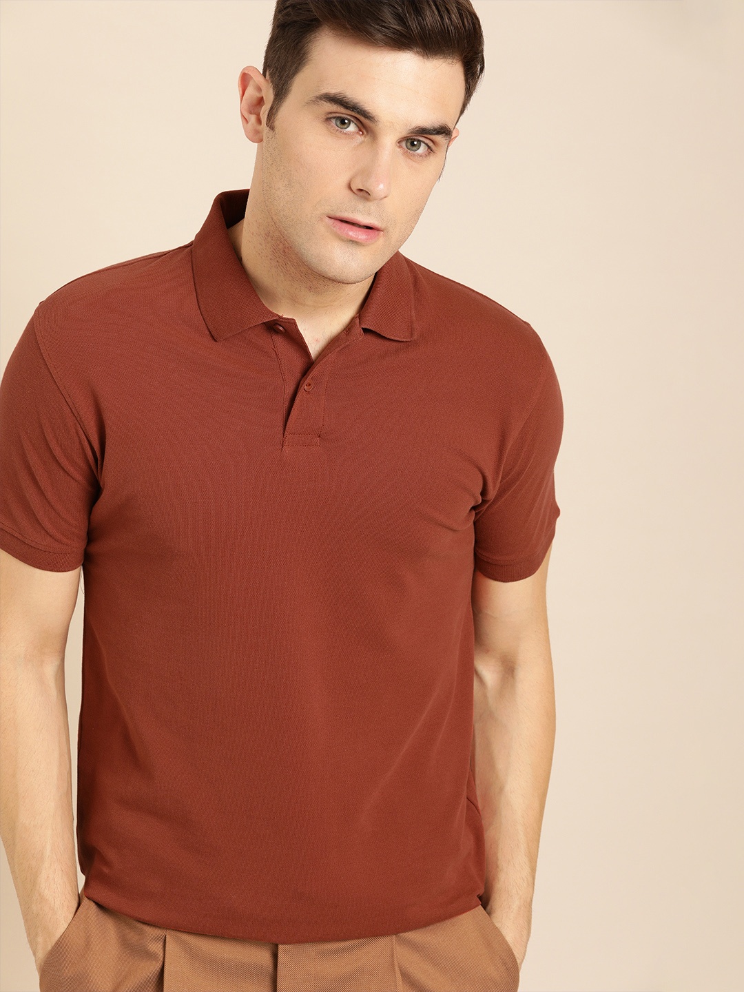 

ether Men Rust Brown Solid Non-Fading Hi-IQ Polo T-shirt
