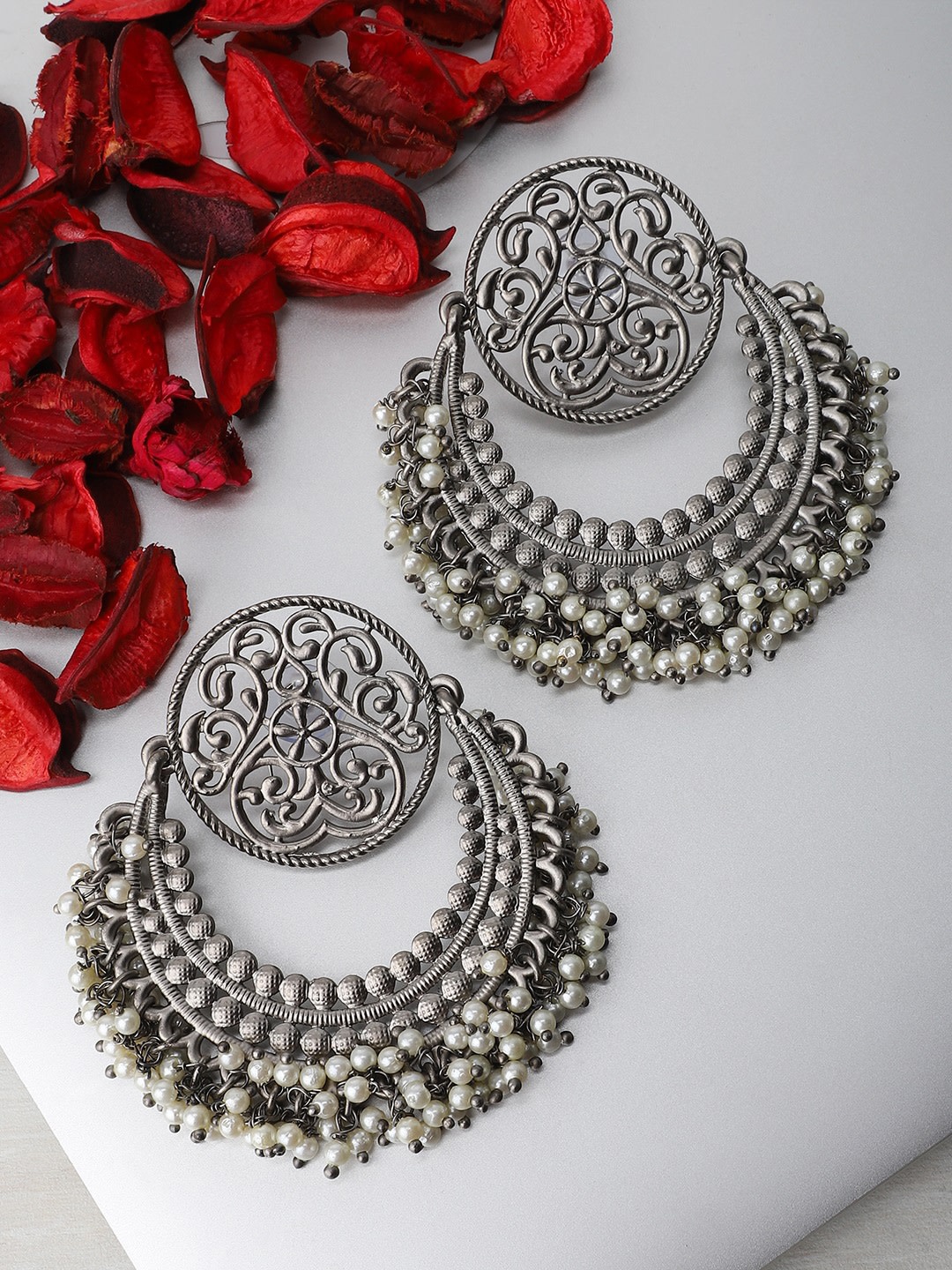 

Rubans Silver-Toned Gold-Plated Handcrafted Pearl Embellished Geometric Chandbali Earrings
