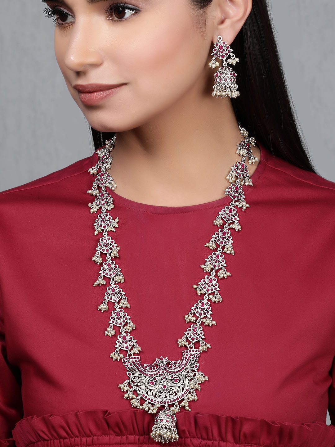 

Rubans Women Silver-Plated & Pink Stone-Studded Jewellery Set