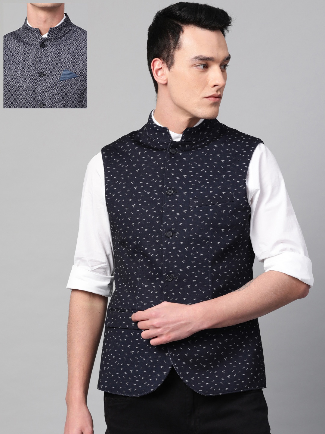 

Blackberrys Men Blue Woven Design Reversible Nehru Jacket, Navy blue