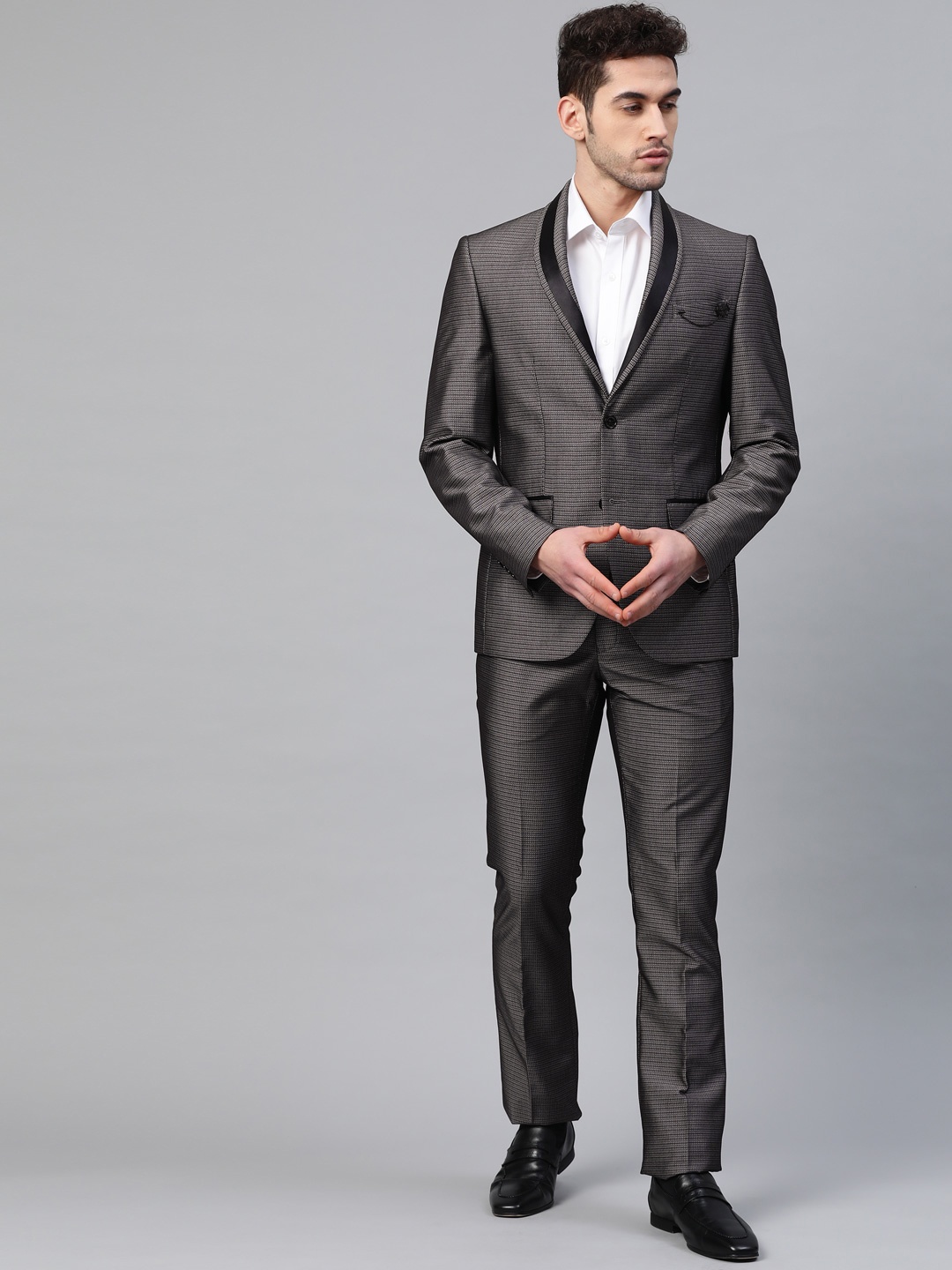 

Blackberrys Men Grey & Black Woven Design Slim Fit Single-Breasted Partywear Suit