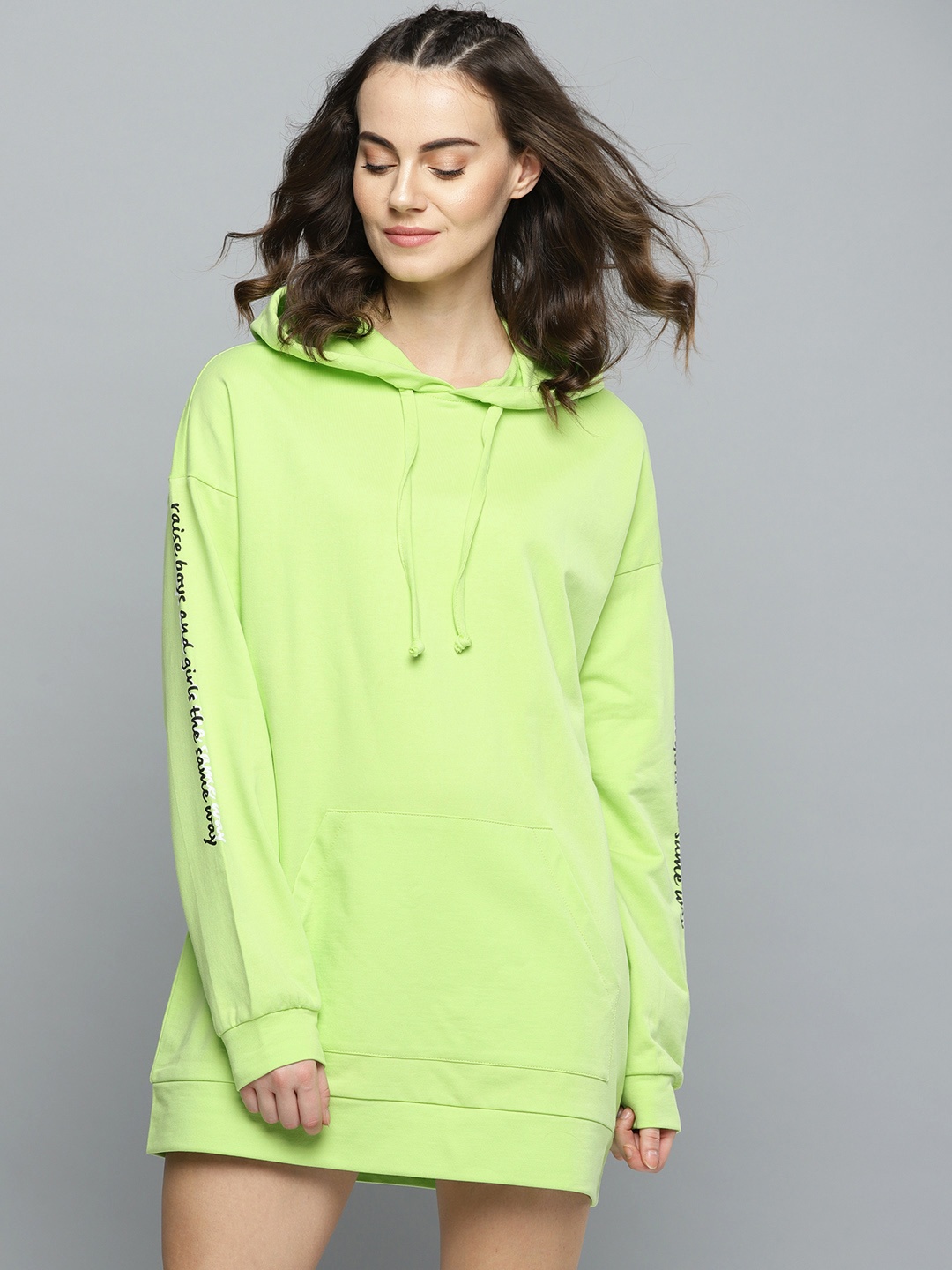 

Besiva Women Green Solid Hooded Mini Sweatshirt Dress