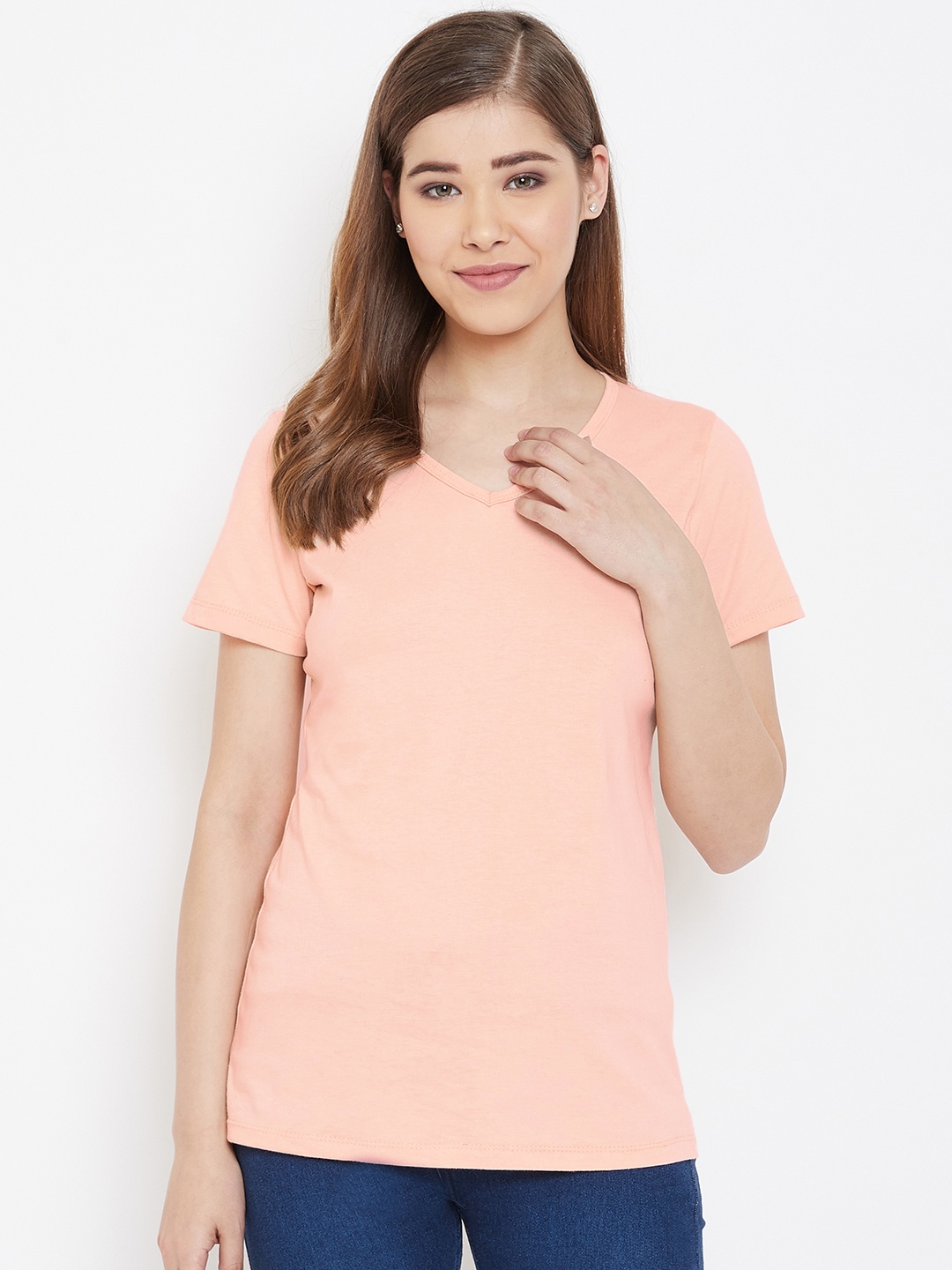 

Rute Women Peach-Coloured Solid Round Neck Pure Cotton T-shirt