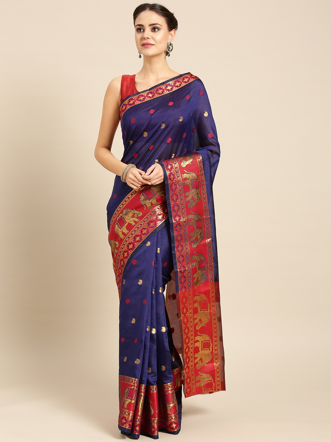 

Ishin Women Navy Blue & Red Zari Woven Design Saree