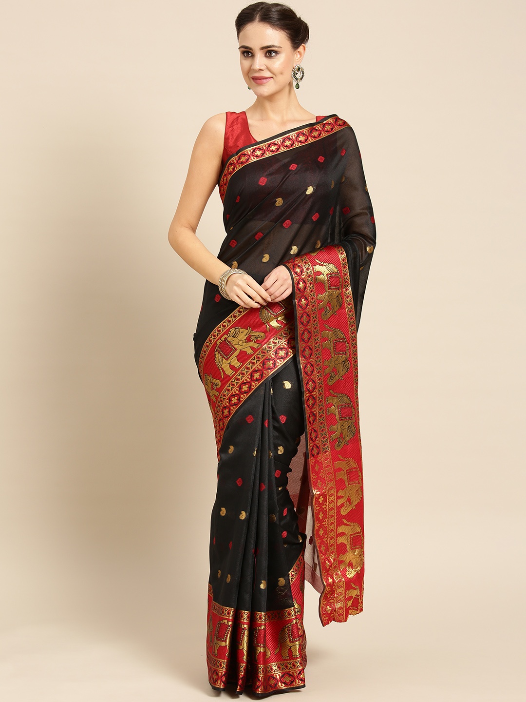 

Ishin Women Black & Red Zari Woven Design Saree