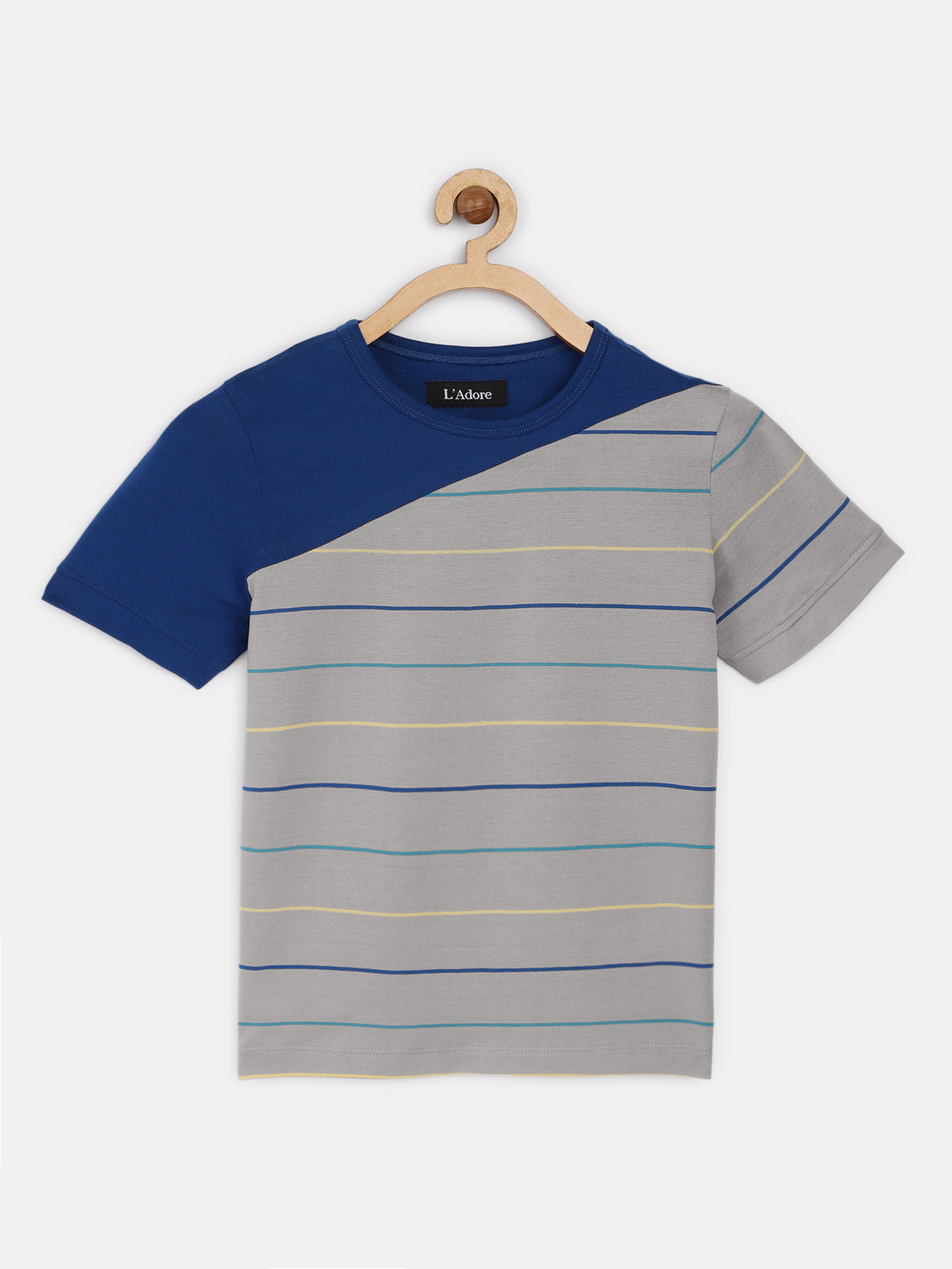 

LAdore Boys Grey Blue Striped Round Neck Mercerized Pure Cotton T-shirt