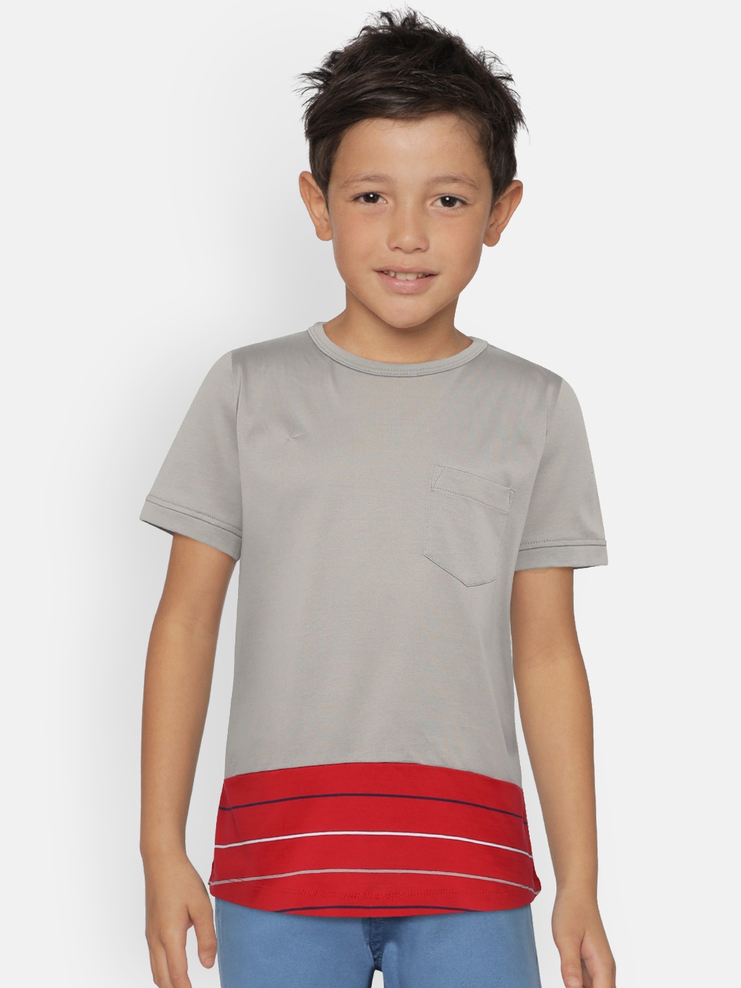 

LAdore Boys Grey Red Colourblocked Round Neck Mercerized Pure Cotton T-shirt