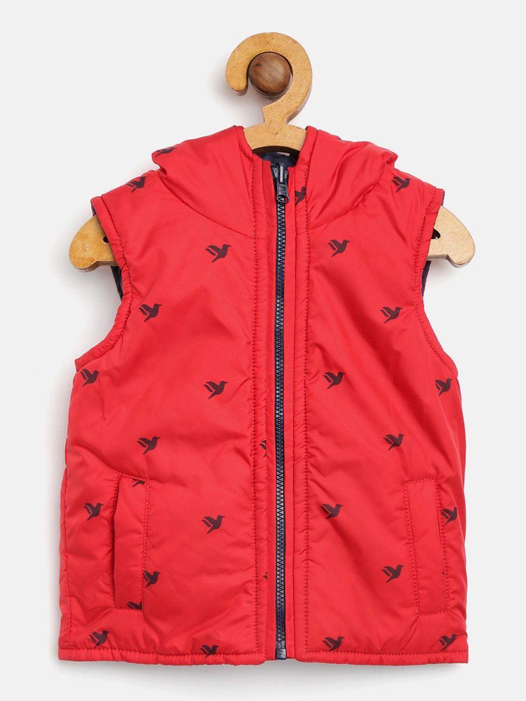 

612 league Boys Red & Navy Printed Hooded Reversible Padded Jacket