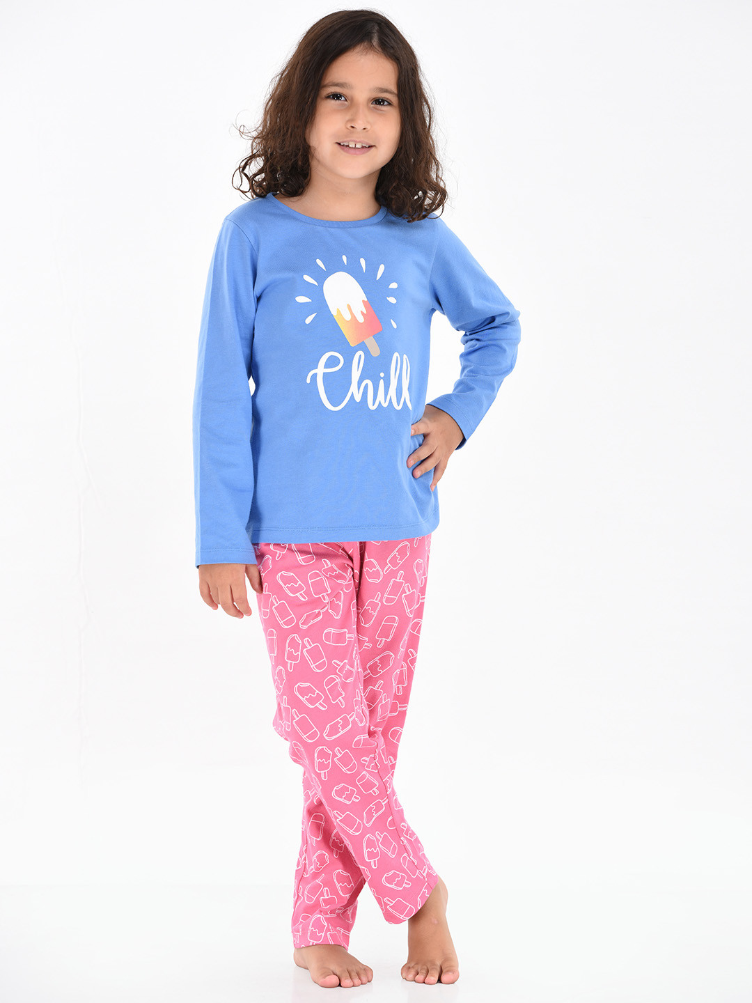 

mackly Girls Blue & Pink Printed Night suit