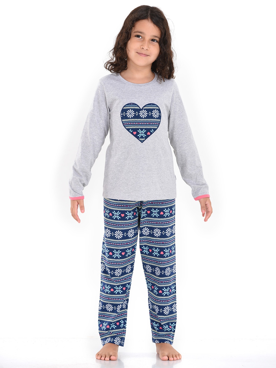 

mackly Girls Grey Melange & Navy Blue Printed Night suit IPW-04