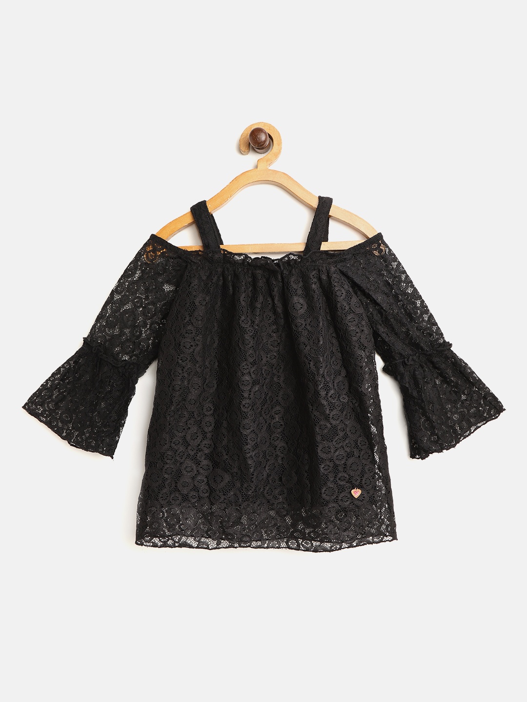 

612 league Girls Black Lace Semi-Sheer Bardot Top