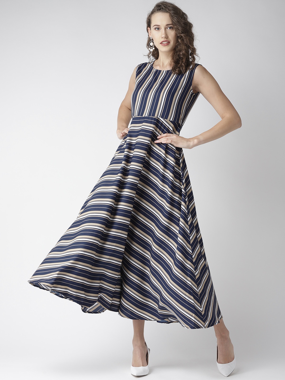 

U&F Women Navy Blue & Beige Striped Maxi Dress