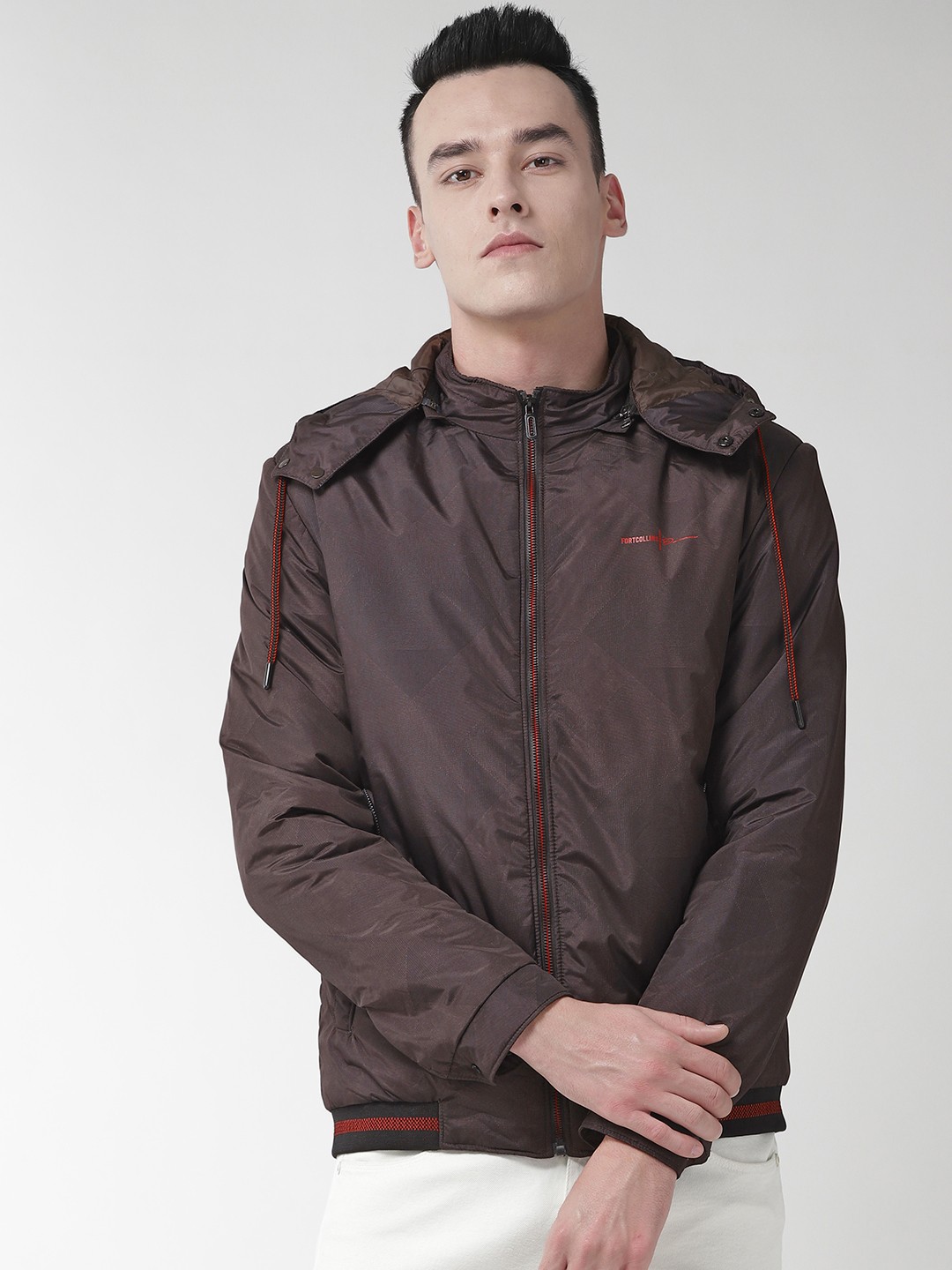 

Fort Collins Men Coffee Brown Printed Hooded Padded Jacket