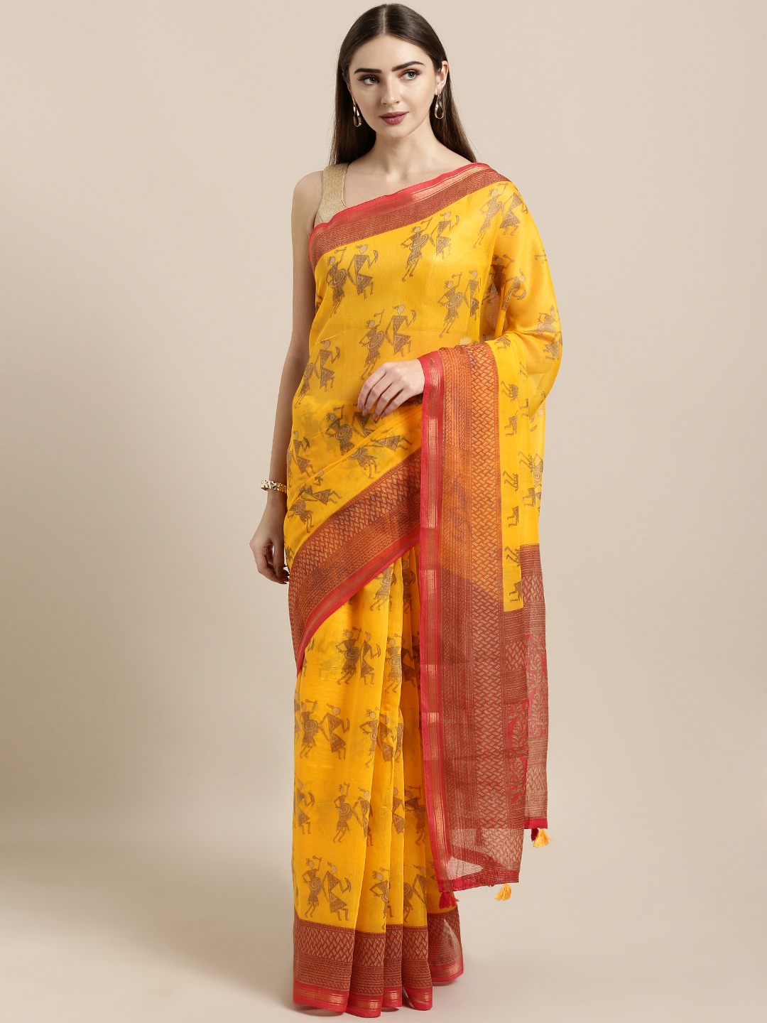 

GoSriKi Mustard Yellow & Brown Linen Blend Warli Printed Saree