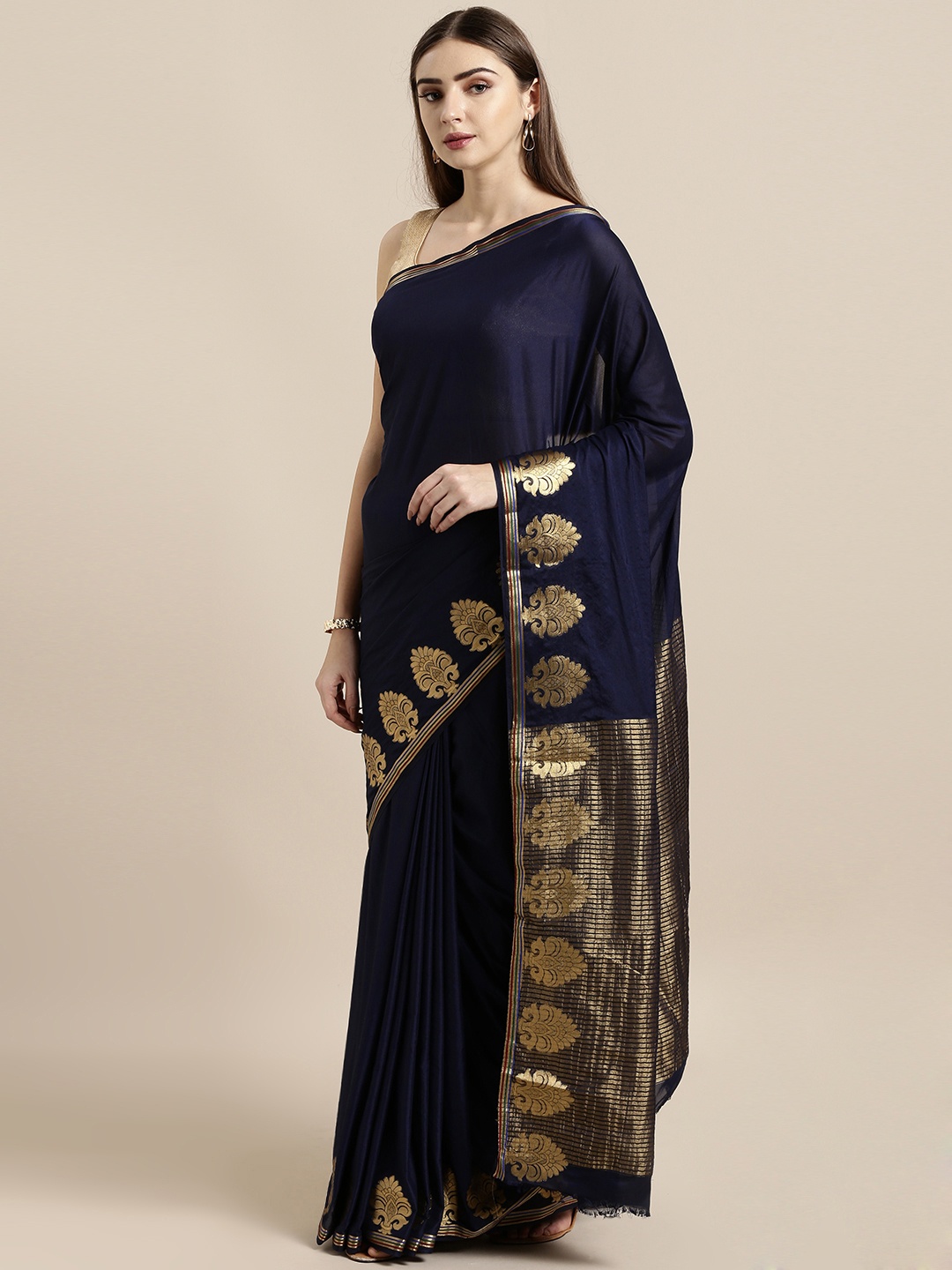 

GoSriKi Navy Blue Solid Viscose Rayon Saree