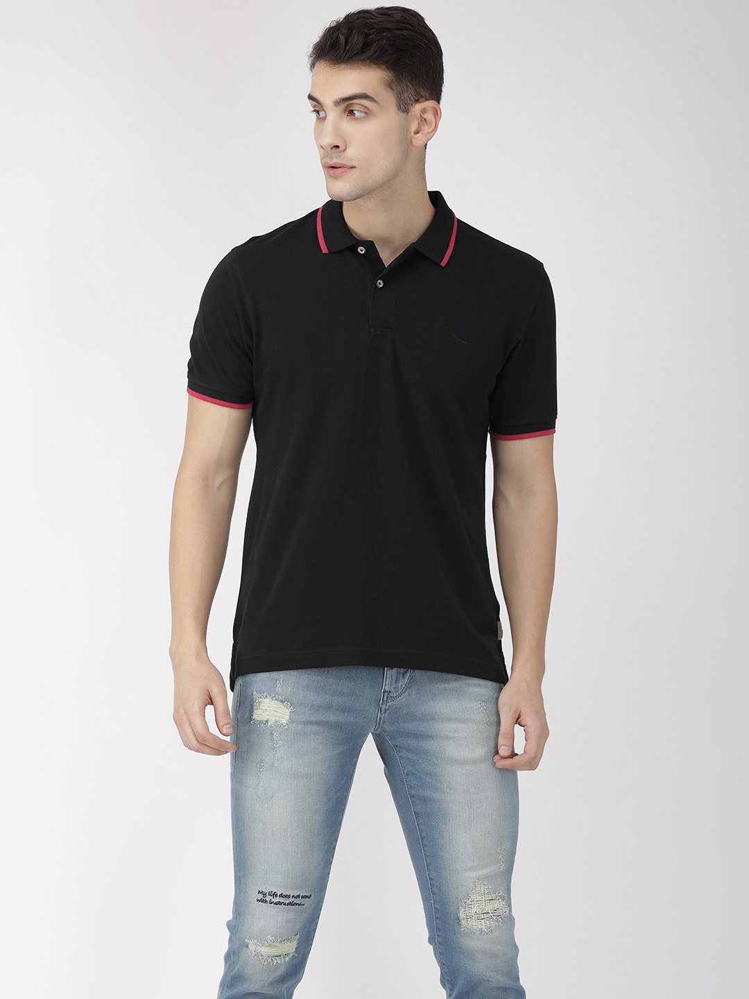 

Flying Machine Men Black Solid Polo Collar Pure Cotton T-shirt