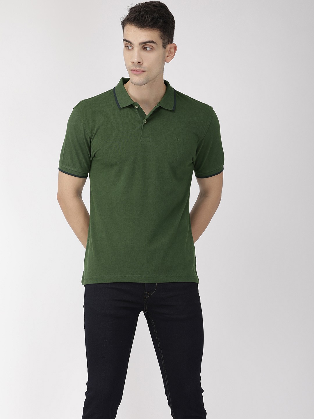 

Flying Machine Men Olive Green Solid Polo Collar Pure Cotton T-shirt