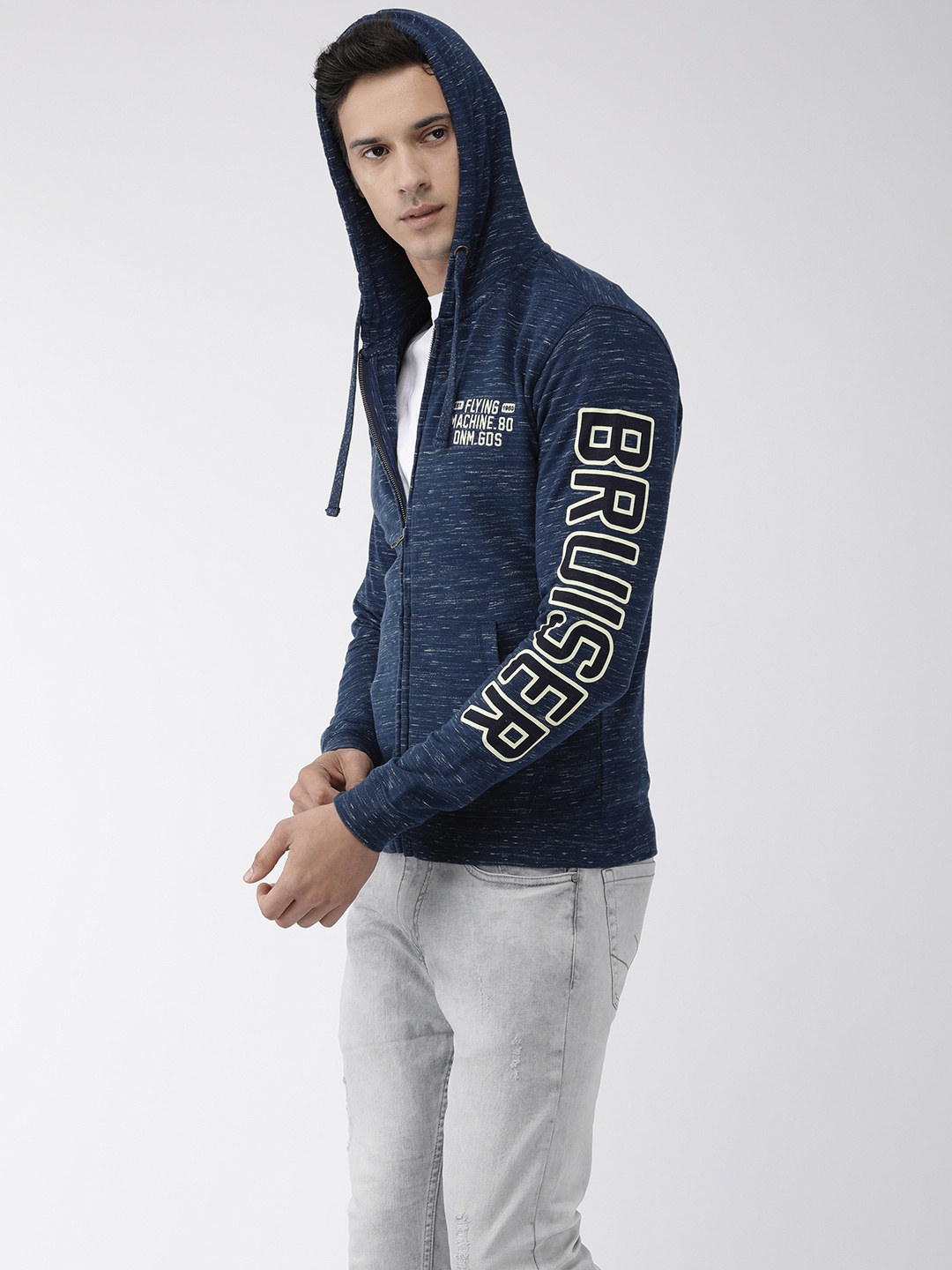 

Flying Machine Men Navy Blue Solid Embroidered Detail Hooded Sweatshirt