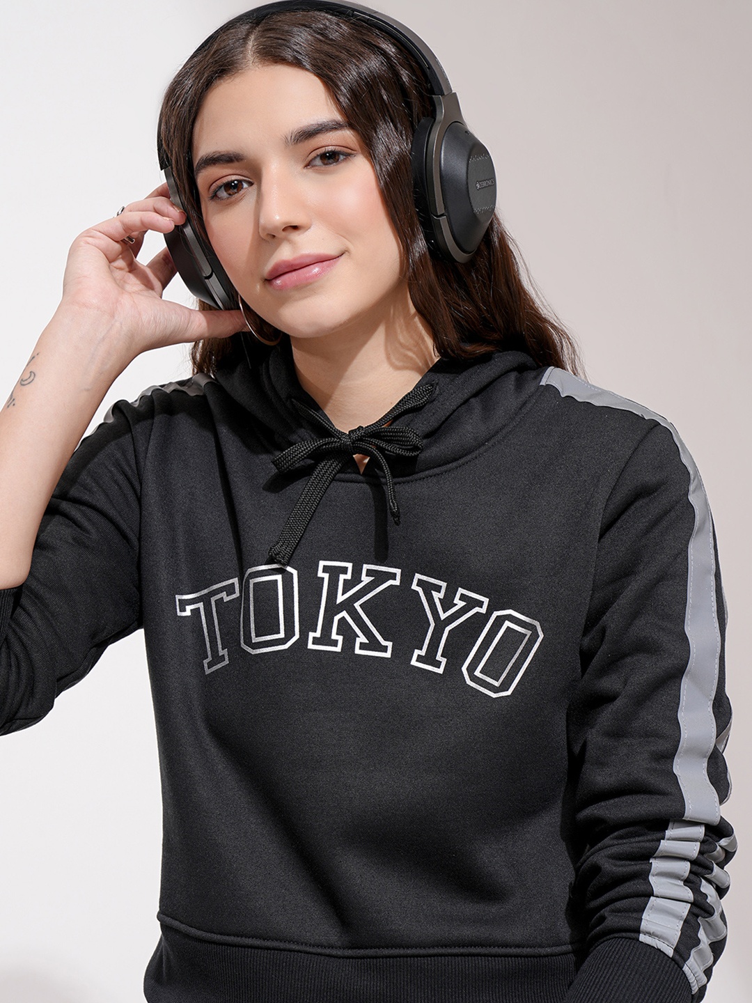 

Tokyo Talkies Women Black Printed Hooded Sweatshirt