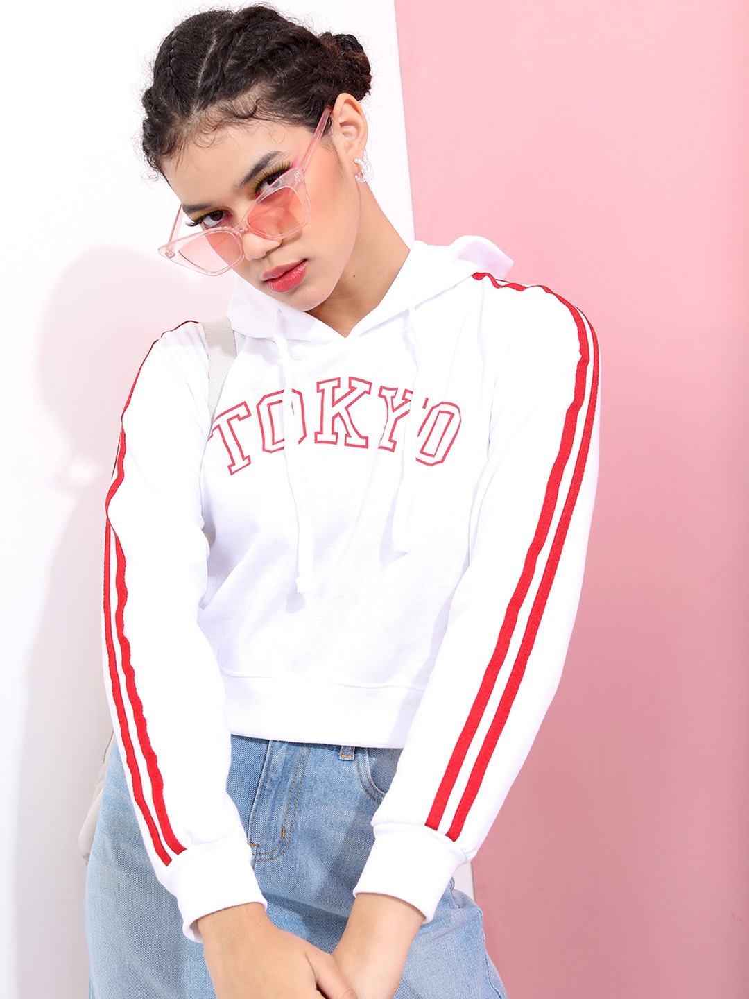 

Tokyo Talkies Women White Printed Hooded Sweatshirt