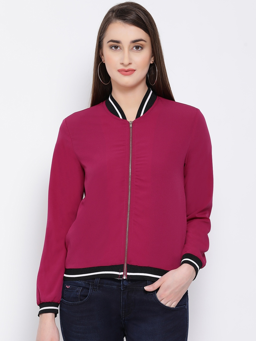 

Oxolloxo Women Pink Striped Lightweight Jacket