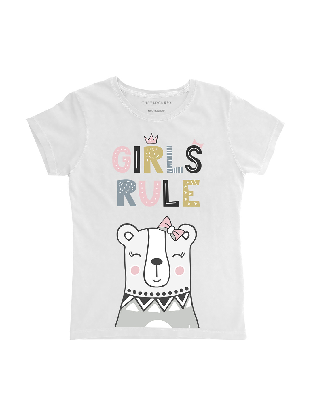 

THREADCURRY Girls White Printed Round Neck T-shirt
