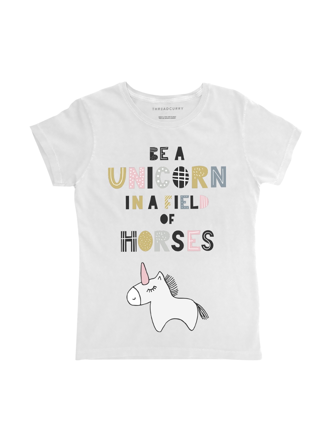 

THREADCURRY Girls White Printed Round Neck T-shirt