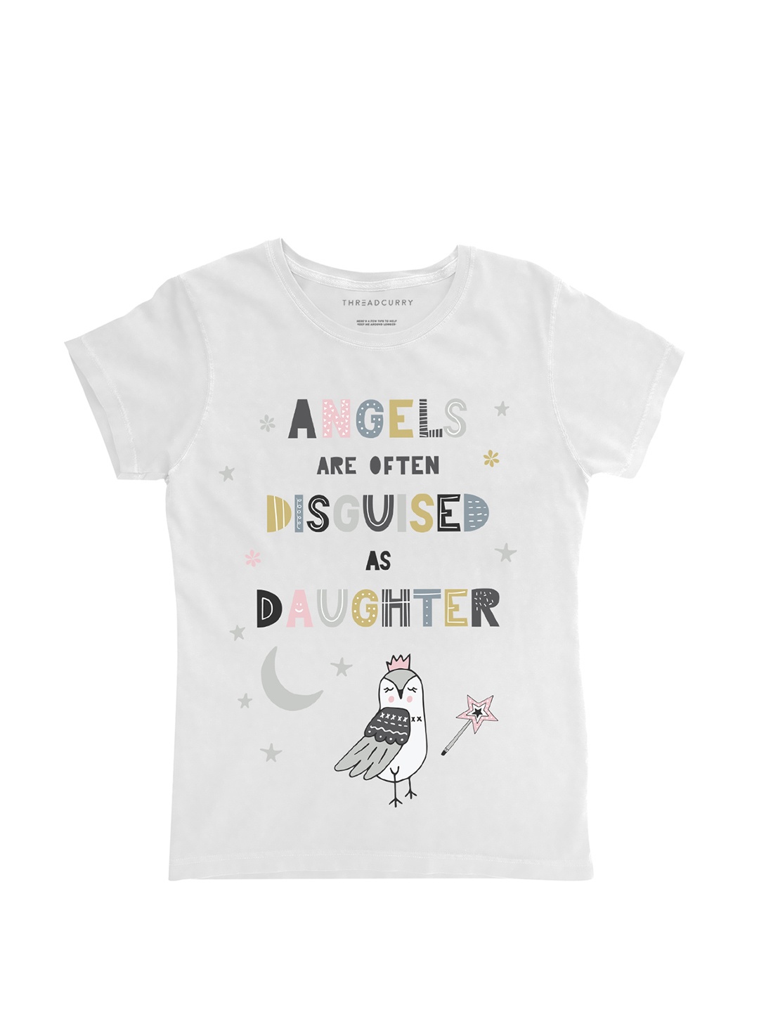 

THREADCURRY Girls White Printed Round Neck T-shirt