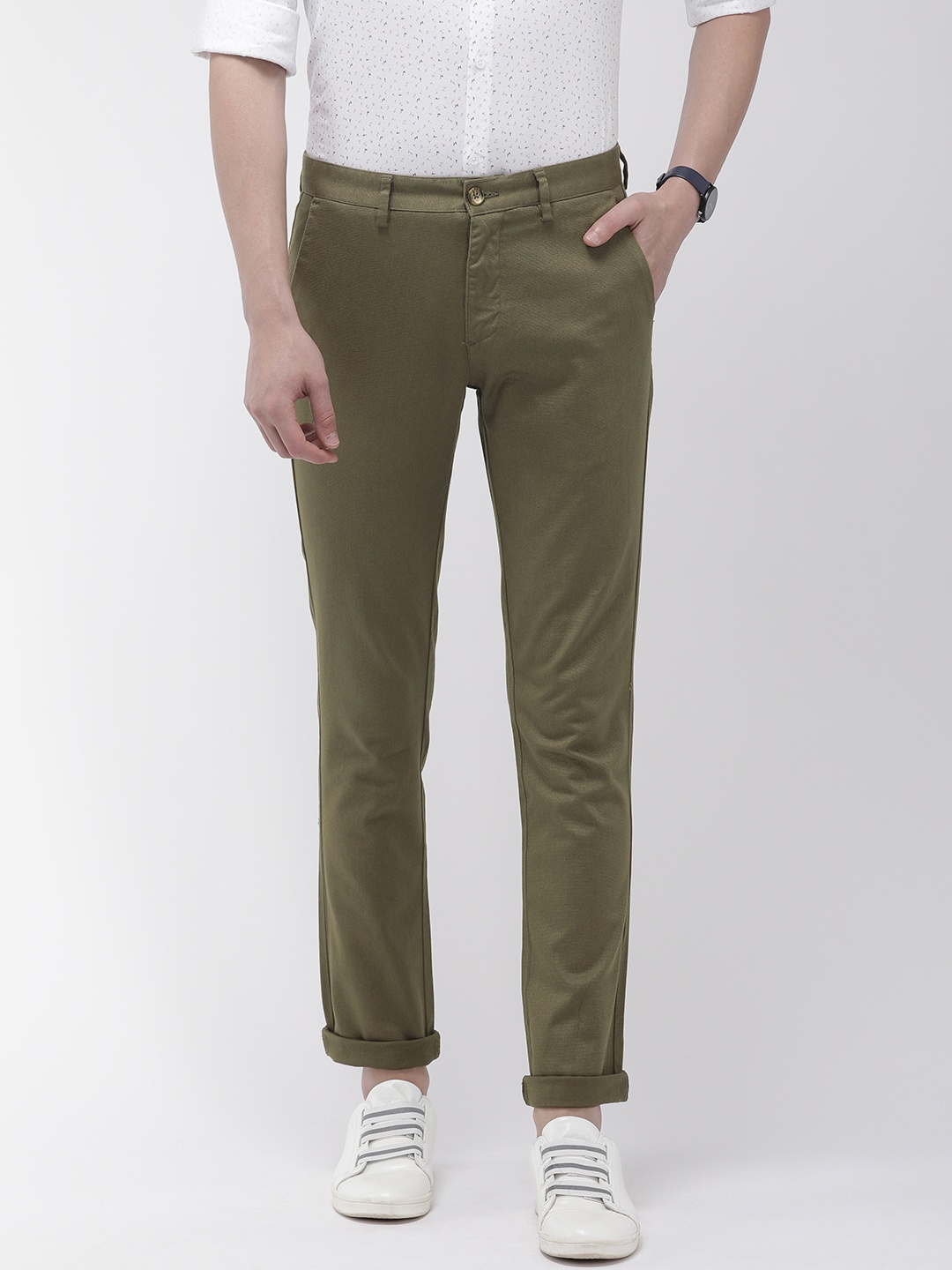 

Park Avenue Men Olive Green Neo Fit Self Design Regular Trousers