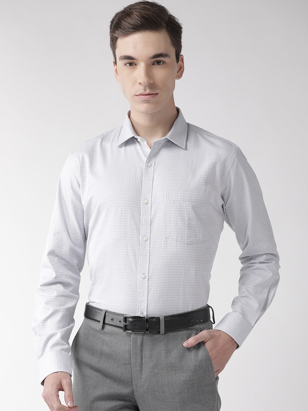 

Park Avenue Men Grey & Off-White Slim Fit Self-Design Formal Shirt