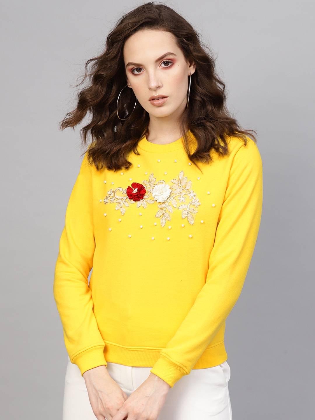 

SASSAFRAS Women Yellow Embellished Sweatshirt