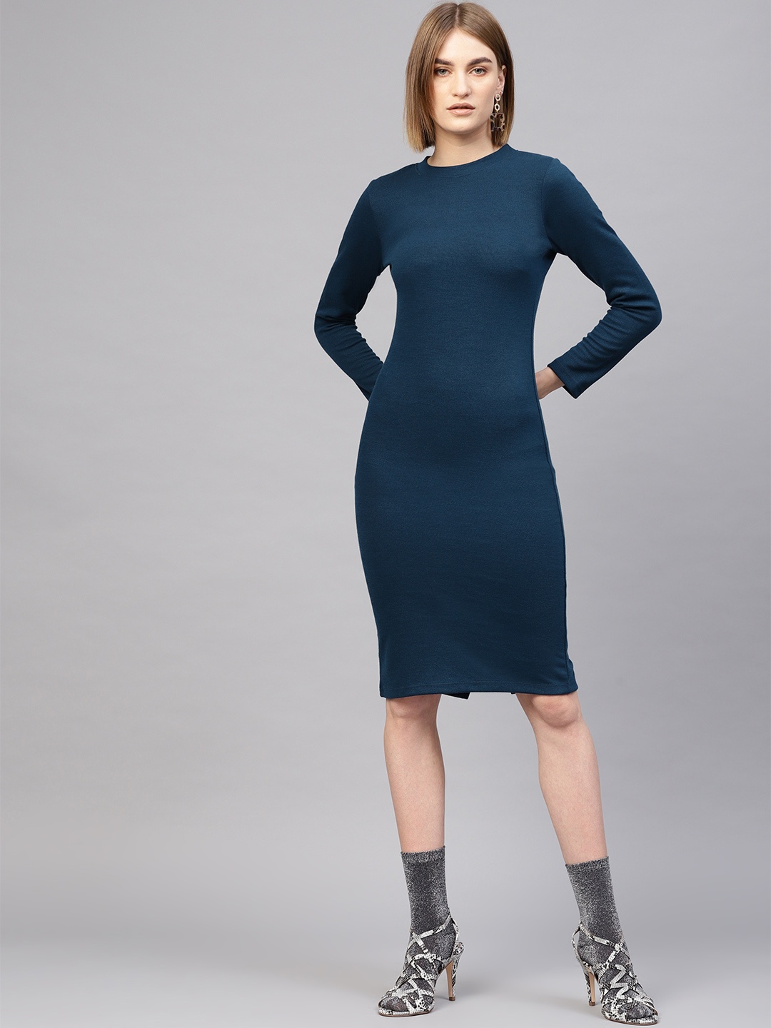 

SASSAFRAS Women Teal Blue Solid Bodycon Dress