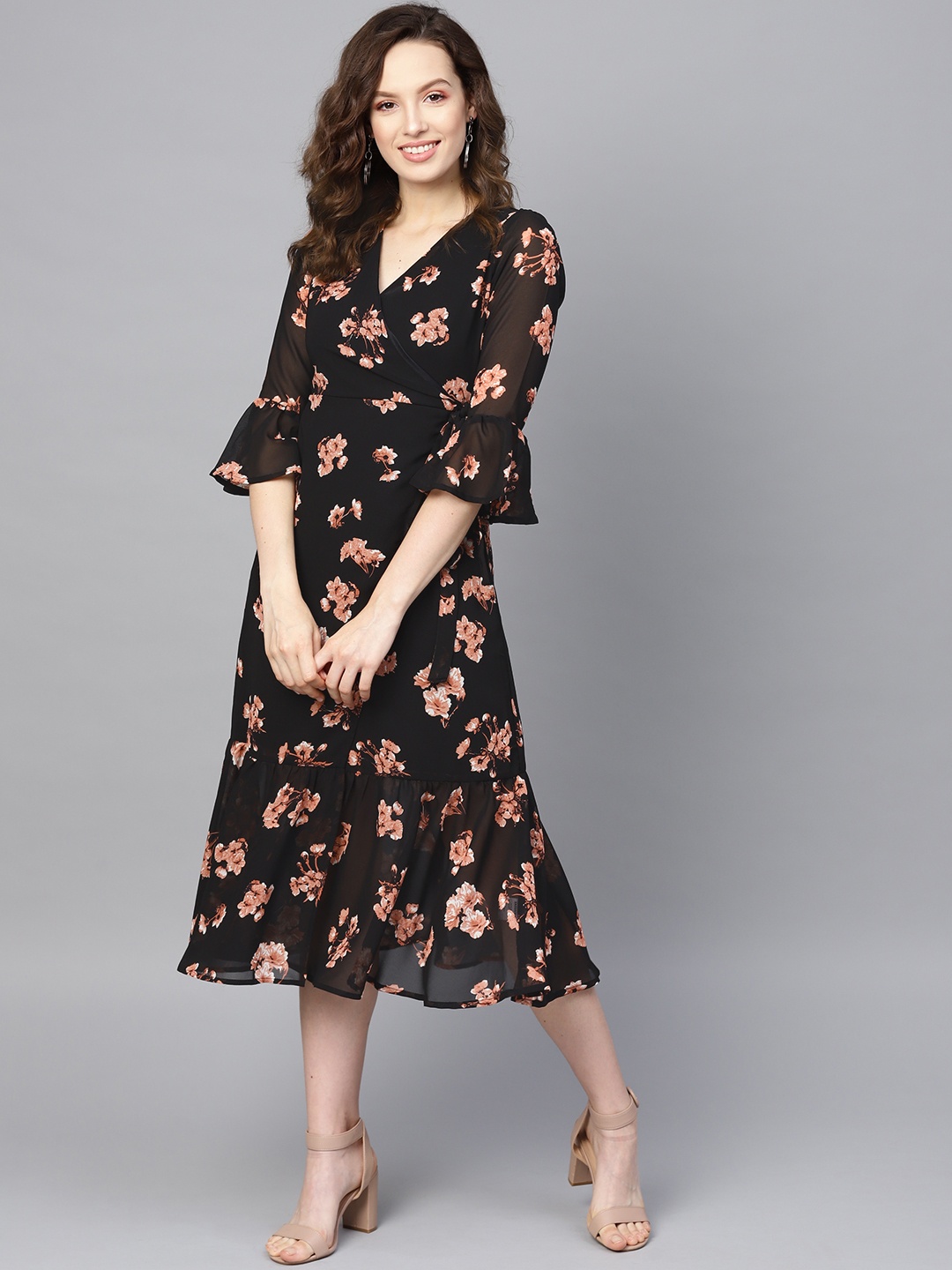 

SASSAFRAS Black & Pink Floral Printed Wrap Dress