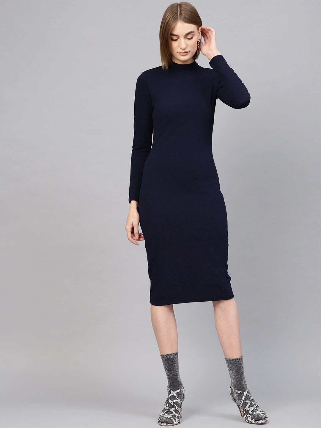 

SASSAFRAS Women Navy Blue Solid Sheath Dress