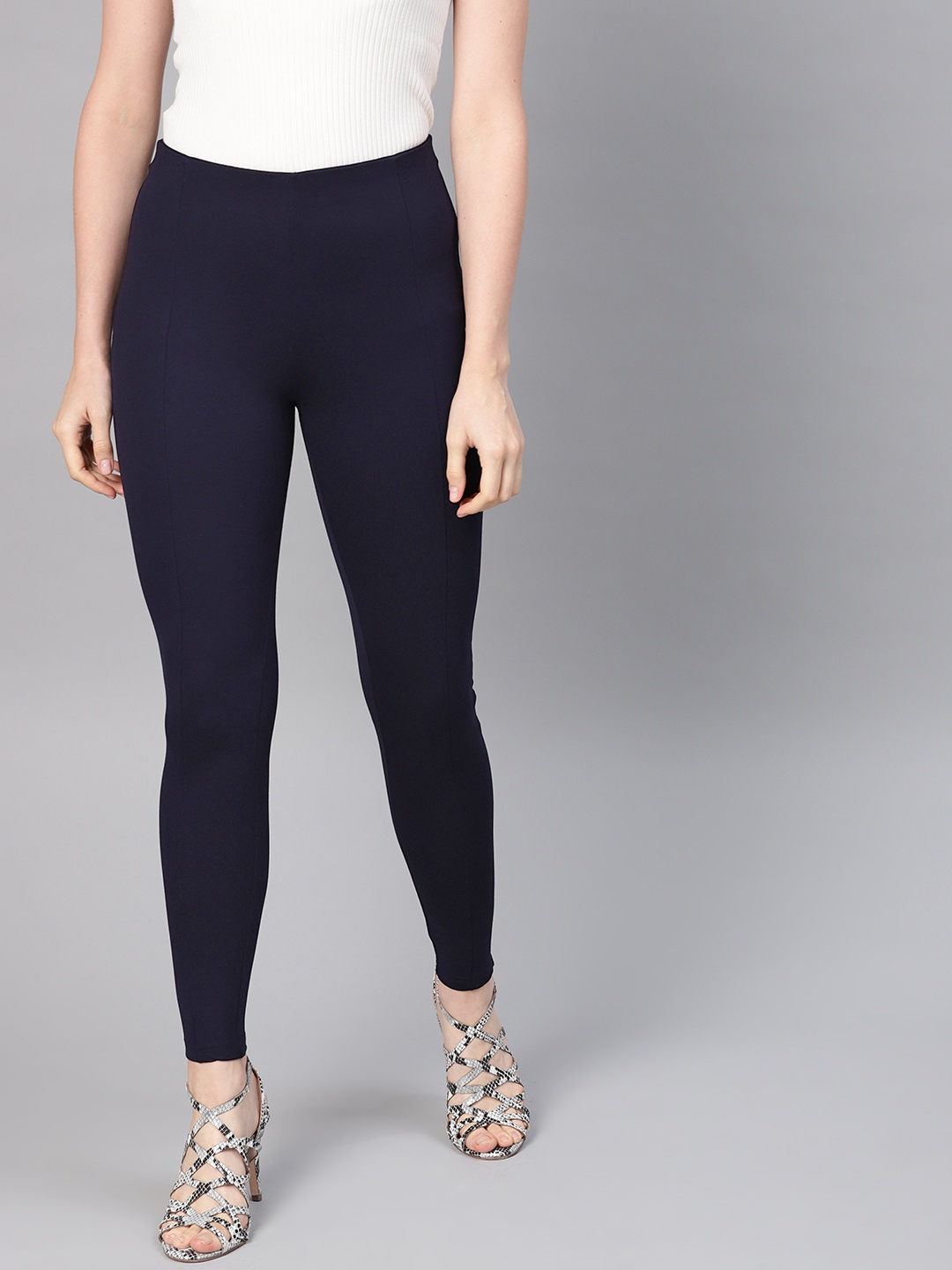 

SASSAFRAS Women Navy Blue Solid Treggings