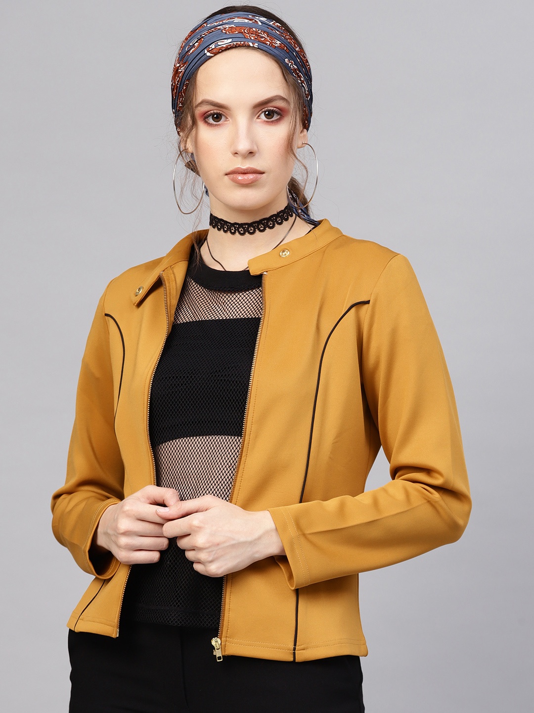 

SASSAFRAS Women Mustard Yellow Solid Tailored Jacket